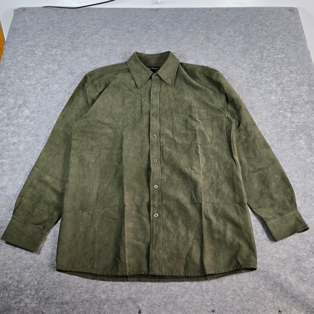 VTG Oleg Cassini Mens Green Faux Suede Silk Blend Button Down Shirt L